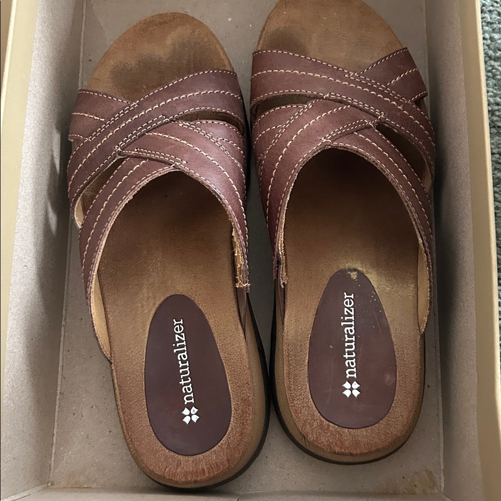Naturalizer Brown Leather Strappy Slide Sandals